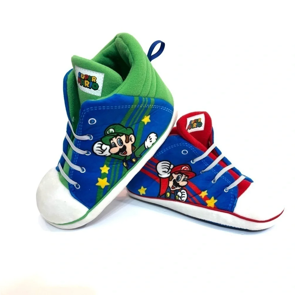 Boys Nintendo Super Mario Brothers Red and Green Bedroom SLIPPERS Size 6